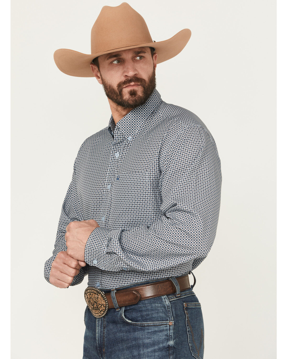 Image #2 - Cinch Men's Geo Print Long Sleeve Button-Down Performance Stretch Western Shirt, Light Blue, hi-res