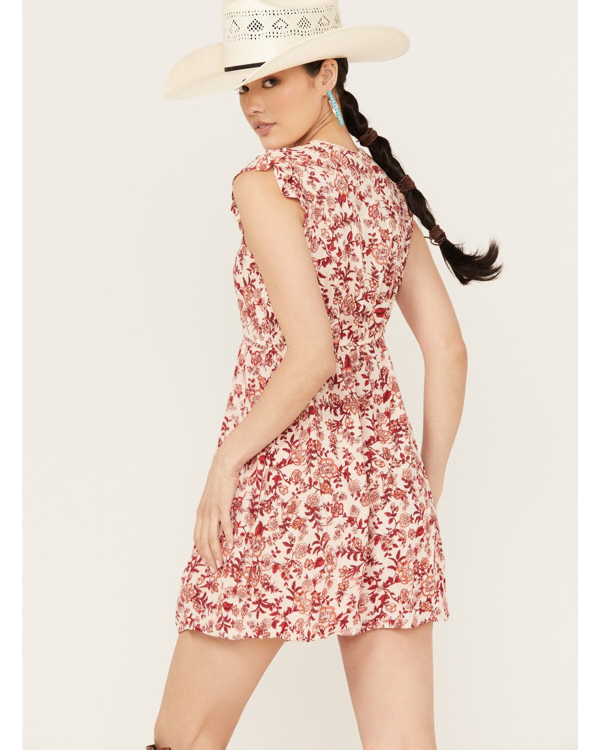 Image #4 - Angie Women's Short Sleeve Floral Mini Dress, Red, hi-res