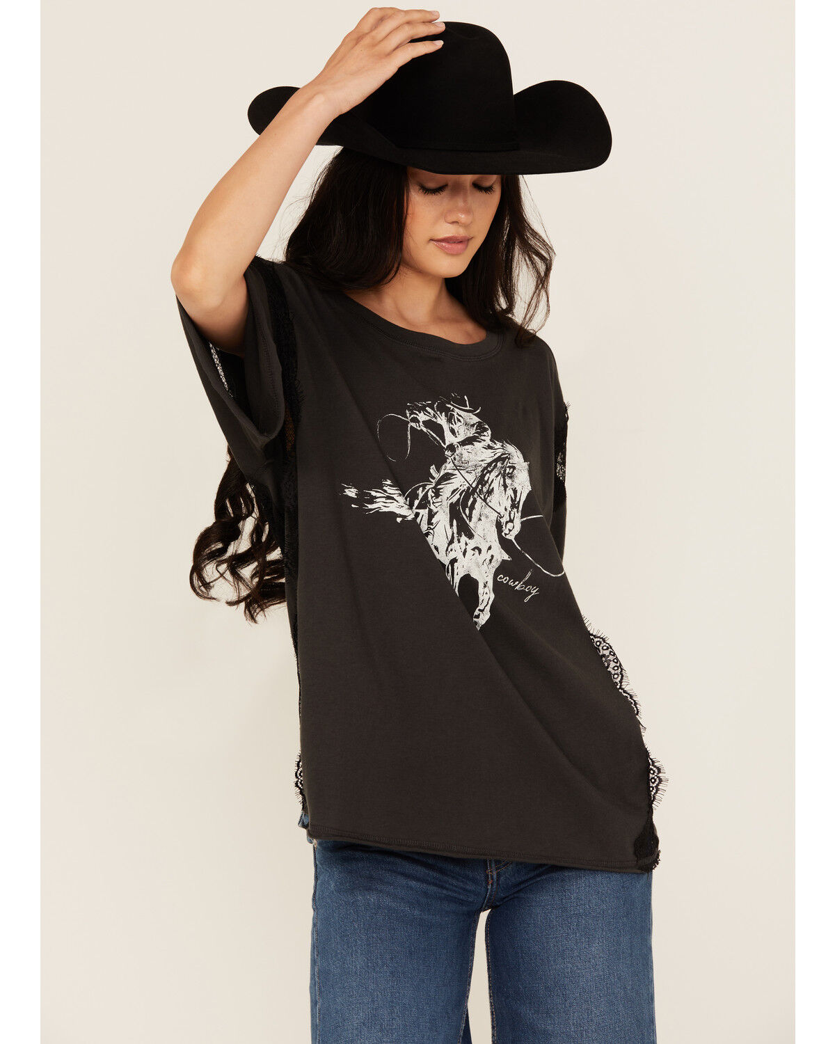 Image #1 - Originality Women's Cowboy Lace Short Sleeve Graphic Tee, Black, hi-res