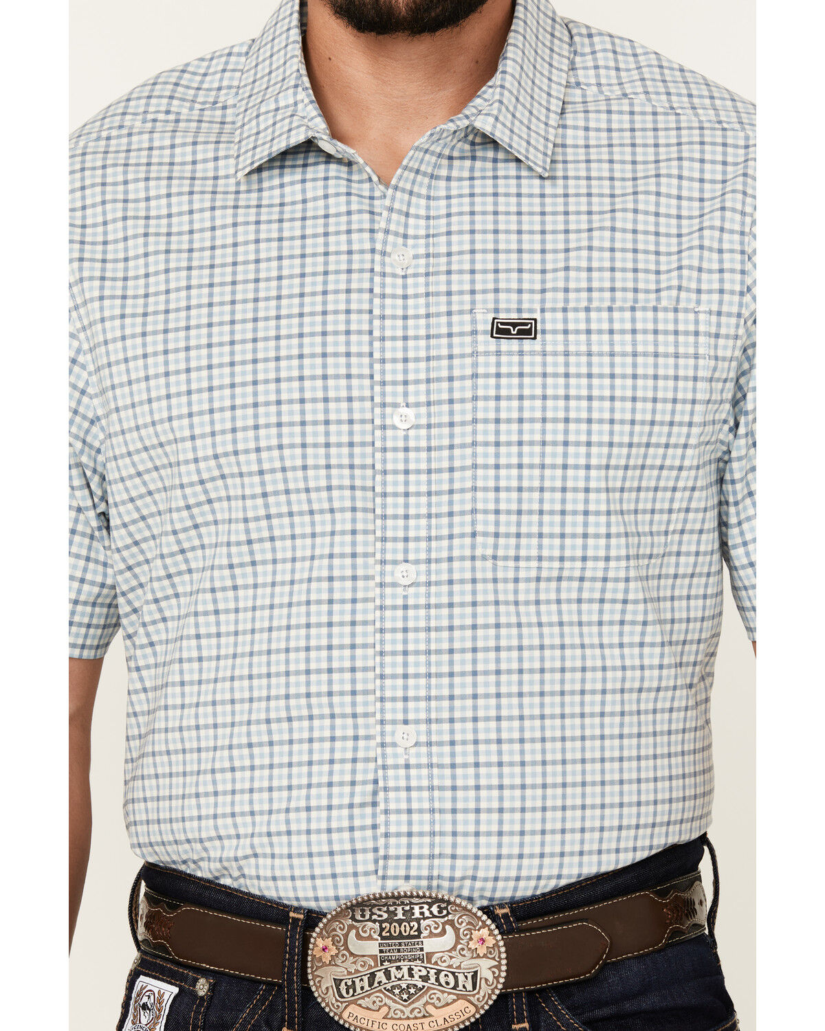 Image #3 - Kimes Ranch Men's Tucco Plaid Print Shirt Sleeve Button-Down Performance Western Shirt, Blue, hi-res