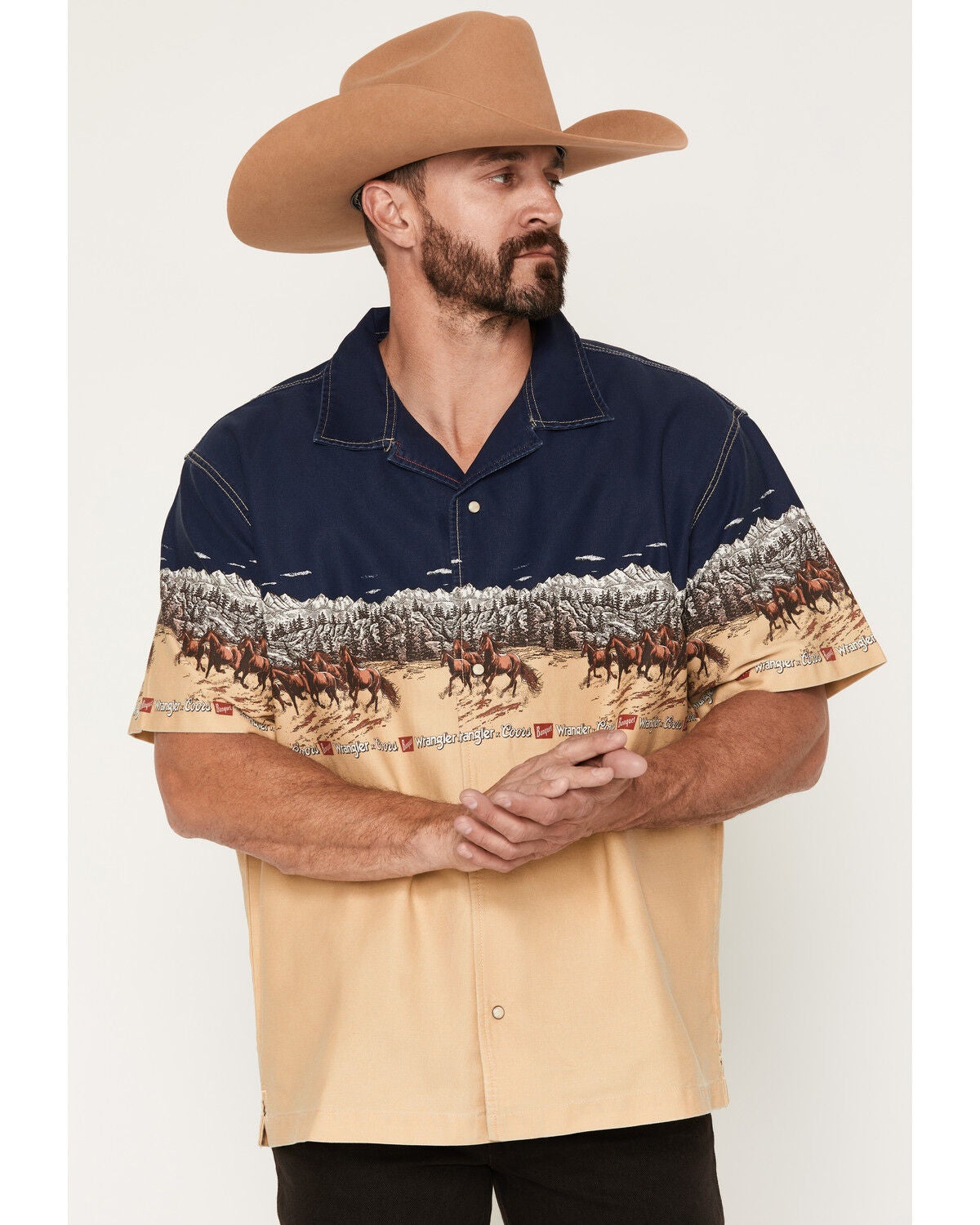 Image #1 - Wrangler X Coors Banquet Men's Border Print Resort Short Sleeve Snap Western Shirt, Tan, hi-res