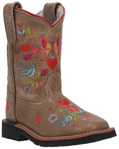Dan Post Girls' Floral Embroidered Western Boots - Square Toe, Taupe, hi-res