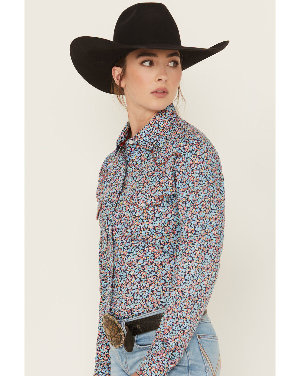 Image #2 - Panhandle Women's Printed Long Sleeve Pearl Snap Stretch Western Shirt, Navy, hi-res