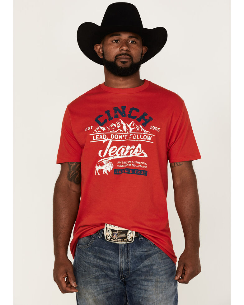 Cinch Men's Lead Don't Follow Jeans Logo Graphic Short Sleeve T-Shirt , Red, hi-res