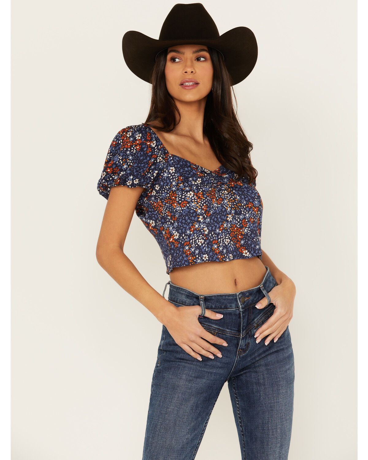 Image #2 - Idyllwind Women's Deerbrok Ditsy Print Puff Sleeve Top, Steel Blue, hi-res