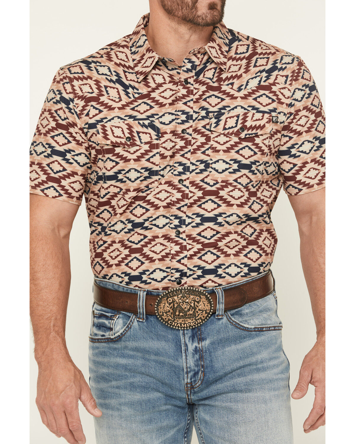 Image #3 - RANK 45® Men's Willow Creek Southwestern Print Short Sleeve Snap Performance Western Shirt, Tan, hi-res