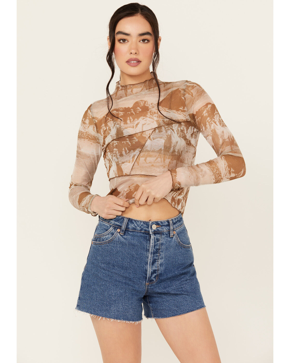 Image #1 - Rock & Roll Denim Women's Boot Barn Exclusive Printed Long Sleeve Mesh Top, Taupe, hi-res