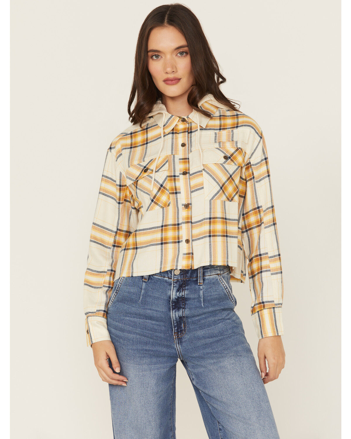 Image #1 - Cleo + Wolf Women's Cropped Flannel Hooded Shacket, Sand, hi-res
