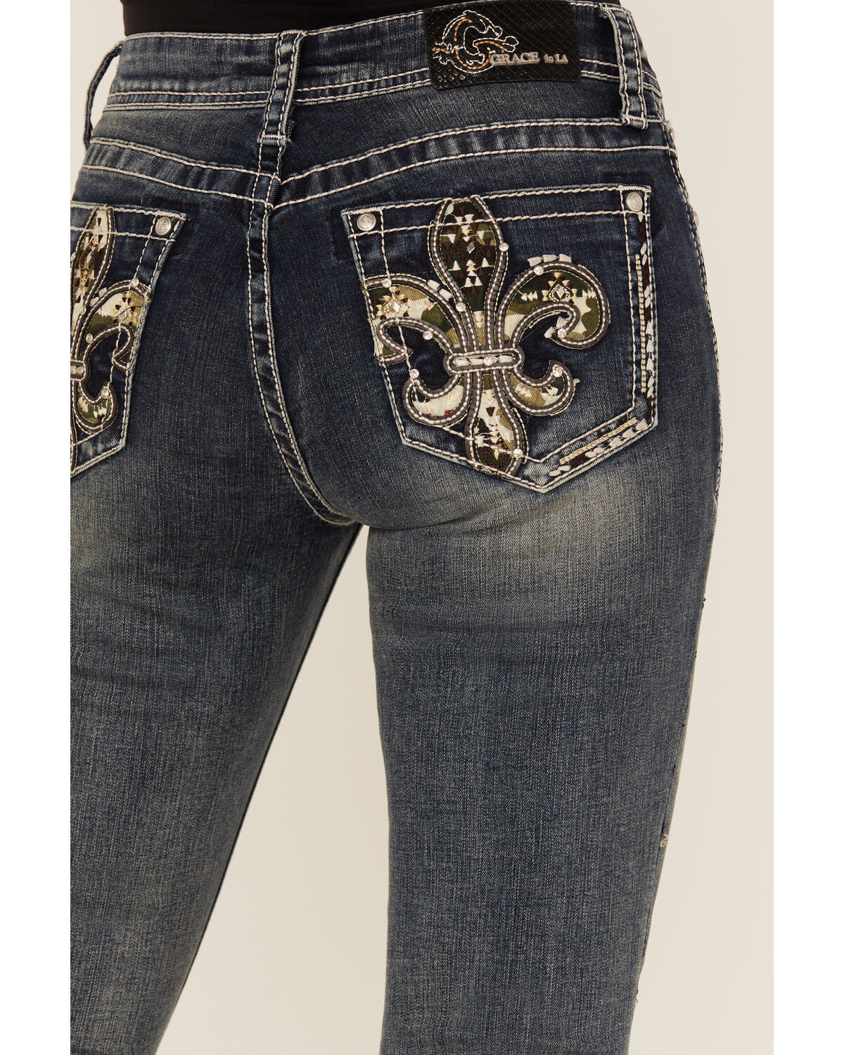 Image #2 - Grace In LA Women's Medium Wash Camo Fleur De Lis Embroidered Mid Rise Bootcut Stretch Denim Jeans, Medium Wash, hi-res