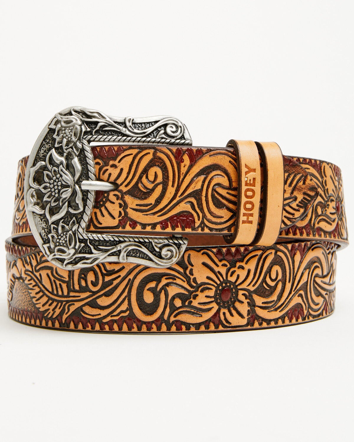 Image #1 - Hooey Women's Original Embossed Floral Filigree Western Belt, Brown, hi-res