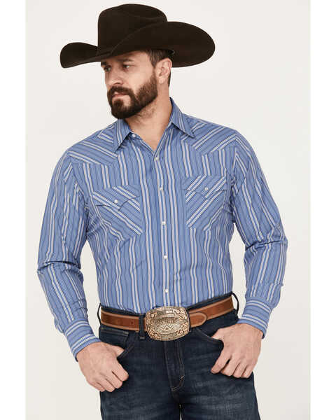 Image #1 - Ely Walker Men's Striped Long Sleeve Pearl Snap Western Shirt, Blue, hi-res