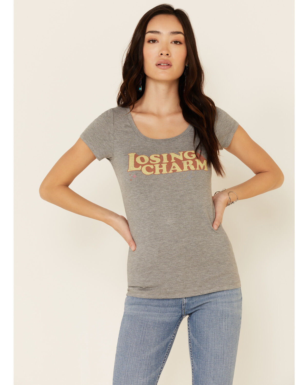 Image #1 - Idyllwind Women's Losing Charm Trustie Short Sleeve Graphic Tee, Heather Grey, hi-res