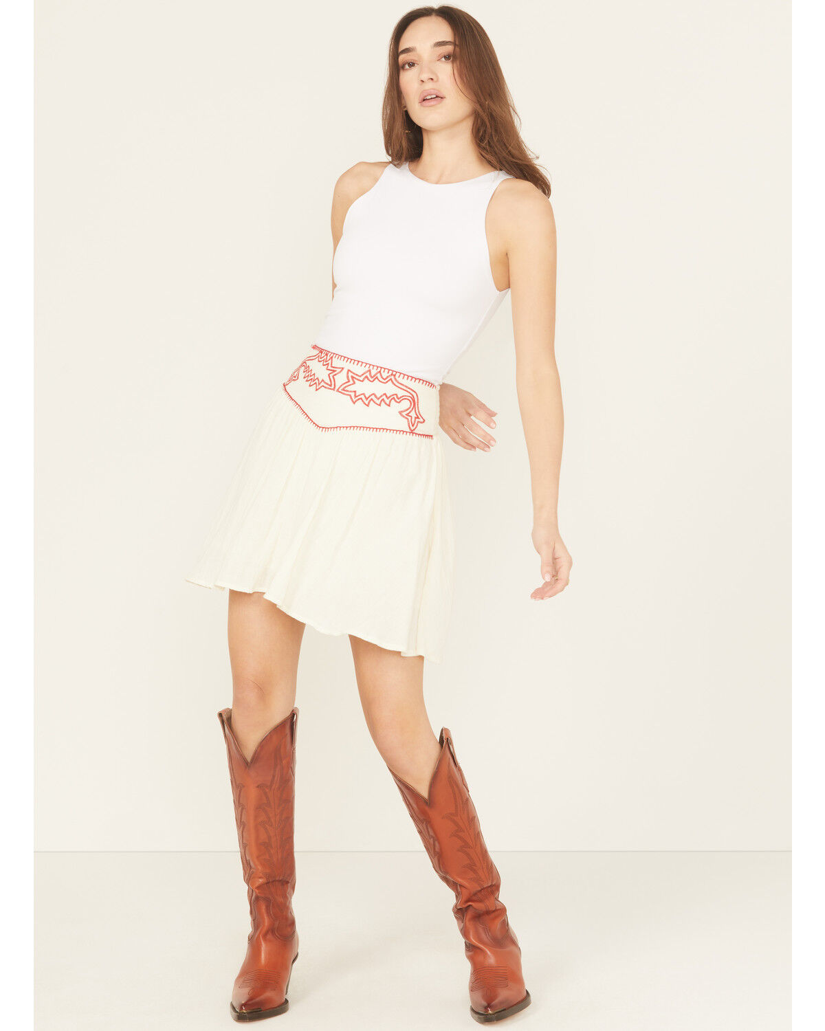 Image #1 - Rock & Roll Denim Women's Boot Stitch Embroidered Mini Skirt, Natural, hi-res
