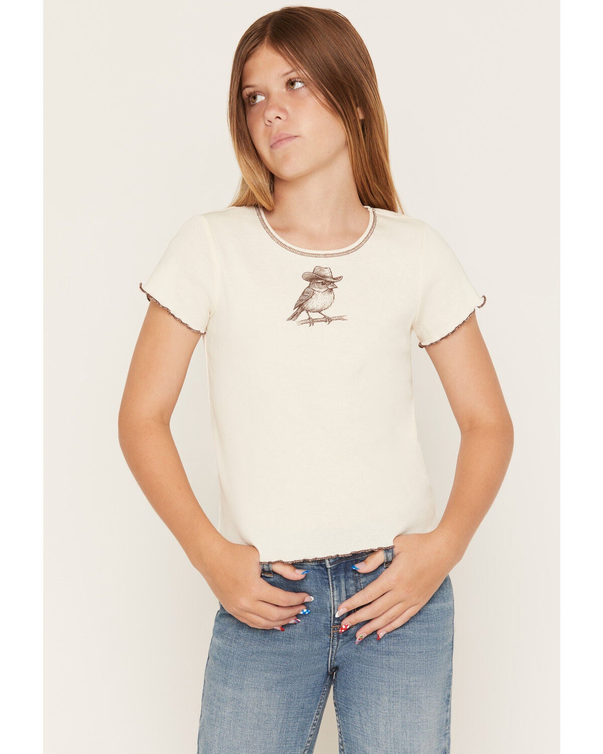 Self Esteem Girls' Cowboy Bird Short Sleeve Graphic Tee, Off White, hi-res