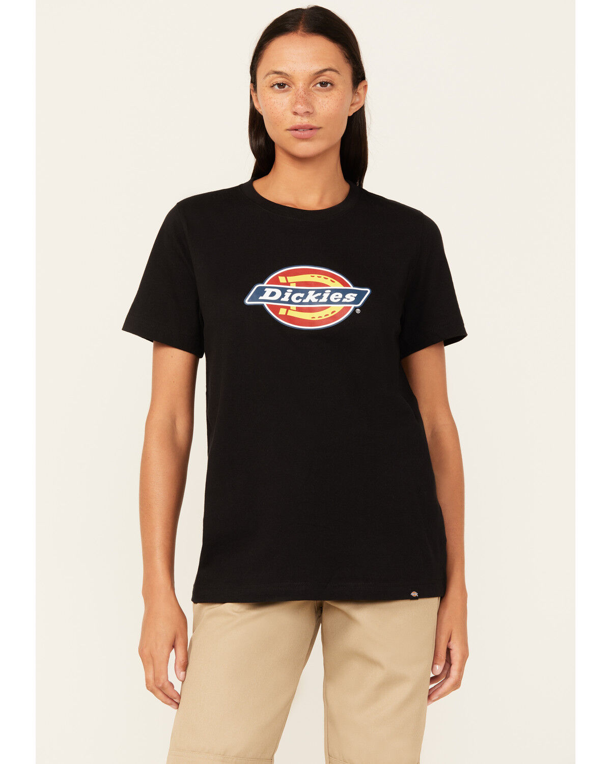 Image #1 - Dickies Women's Tri-Color Logo Short Sleeve Tee, Black, hi-res