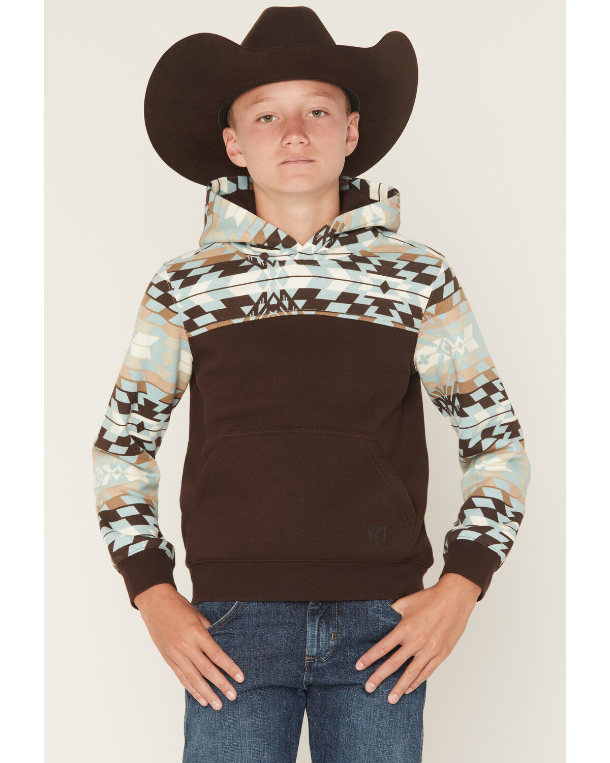 Image #1 - RANK 45® Boys' Dusted Southwestern Colorblock Hooded Sweatshirt, Coffee, hi-res
