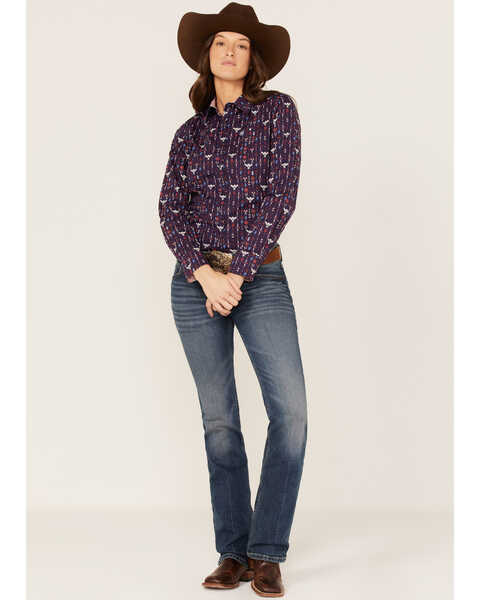 Image #2 - Ariat Women's R.E.A.L. Southwestern Print Long Sleeve Kirby Stretch Button-Down Shirt , Navy, hi-res