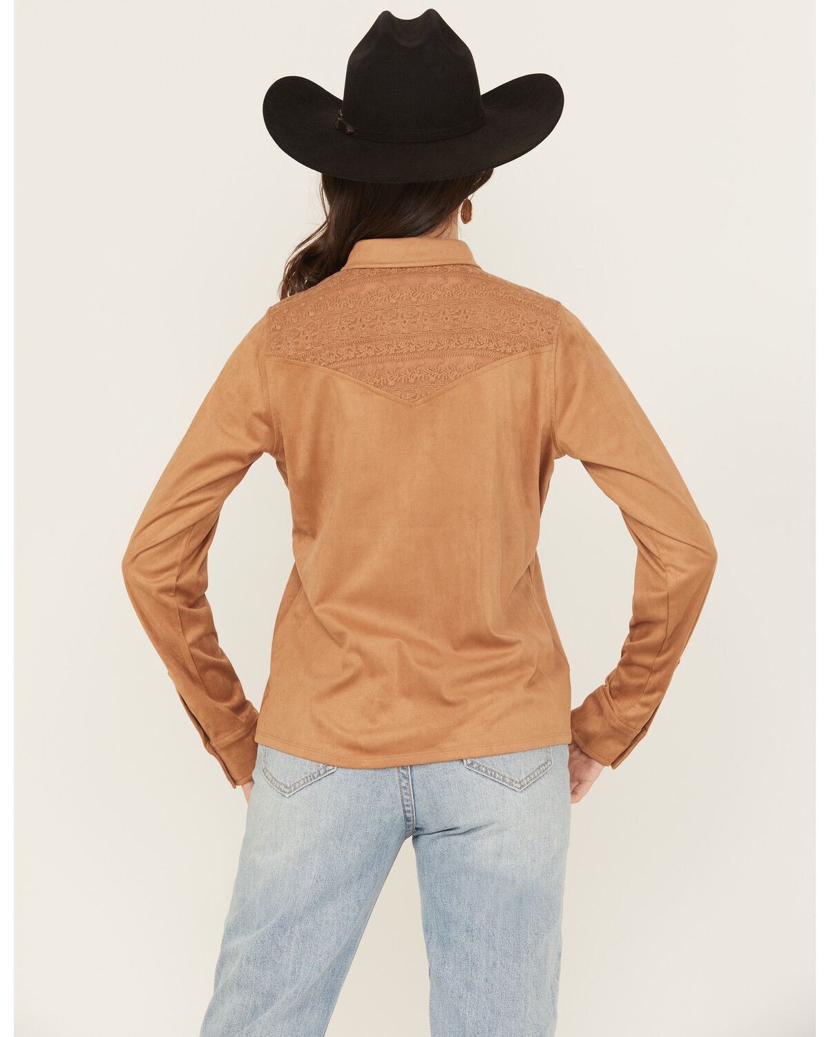 Image #4 - Shyanne Women's Faux Suede Lace Yoke Long Sleeve Button-Down Western Shirt, Tan, hi-res