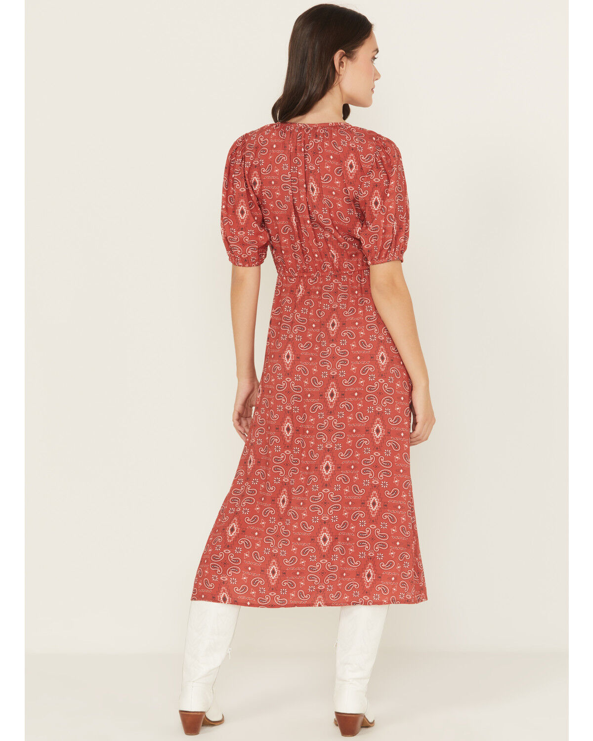 Image #4 - Panhandle Women's Paisley Print Puff Sleeve Midi Dress, Red, hi-res