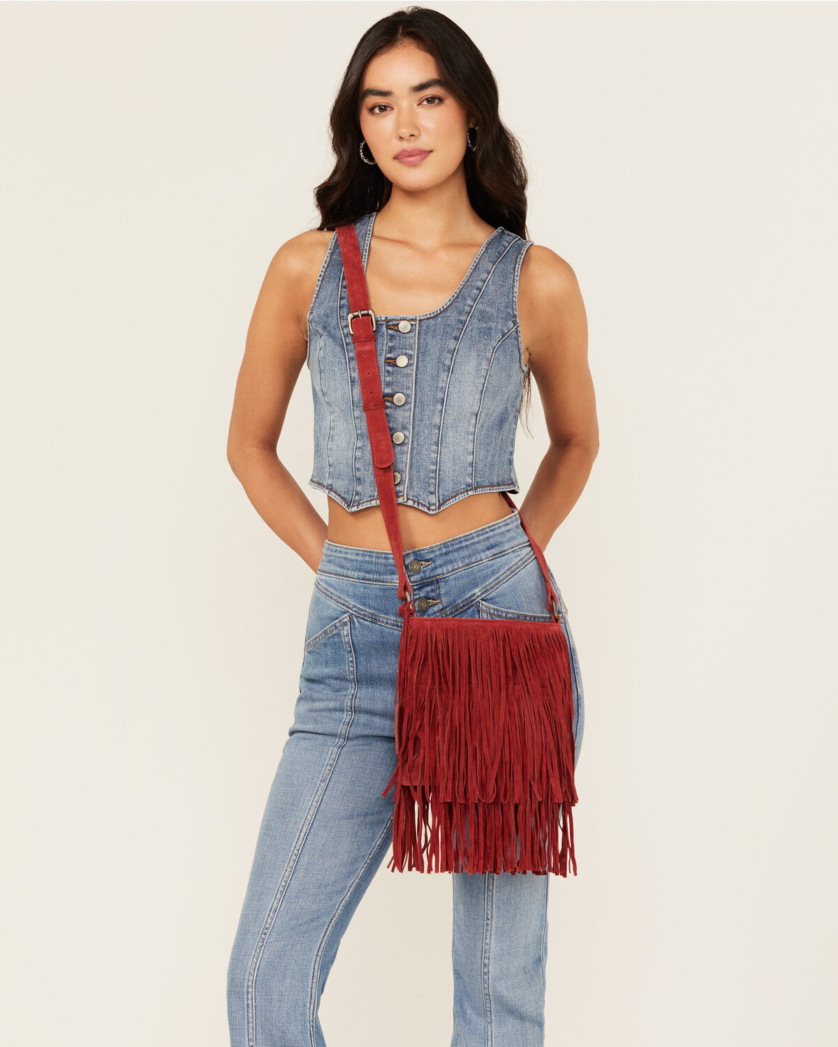 Image #1 - Idyllwind Women's Camarillo Suede Fringe Crossbody Bag, Red, hi-res