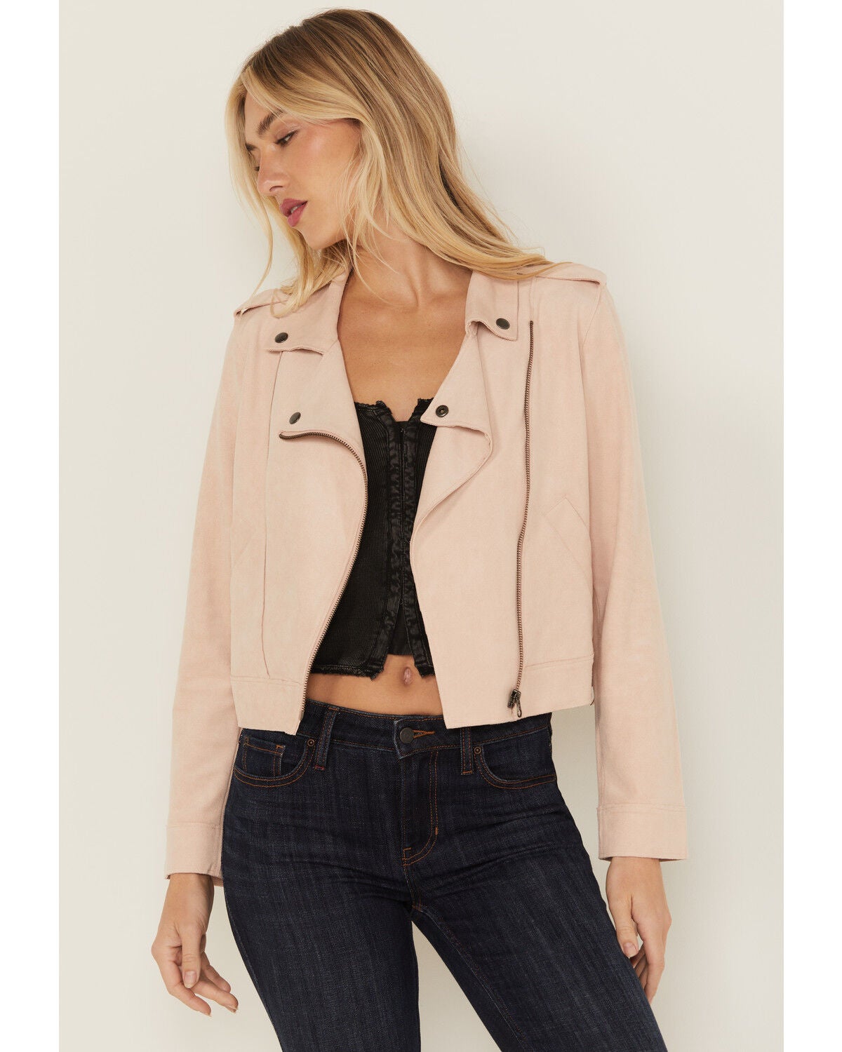 Idyllwind Women's Odessa Faux Suede Fringe Moto Jacket, Pink, hi-res