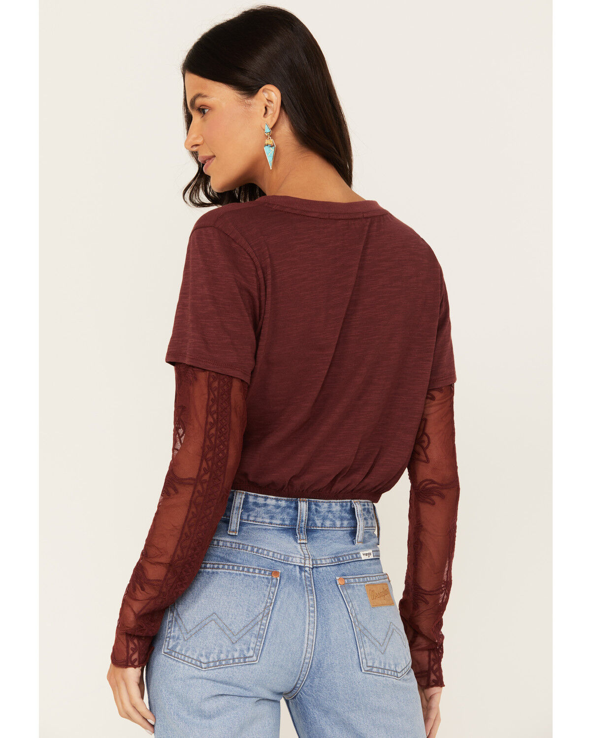 Image #4 - Jolt Women's Lace Trim Long Sleeve Shirt, Wine, hi-res