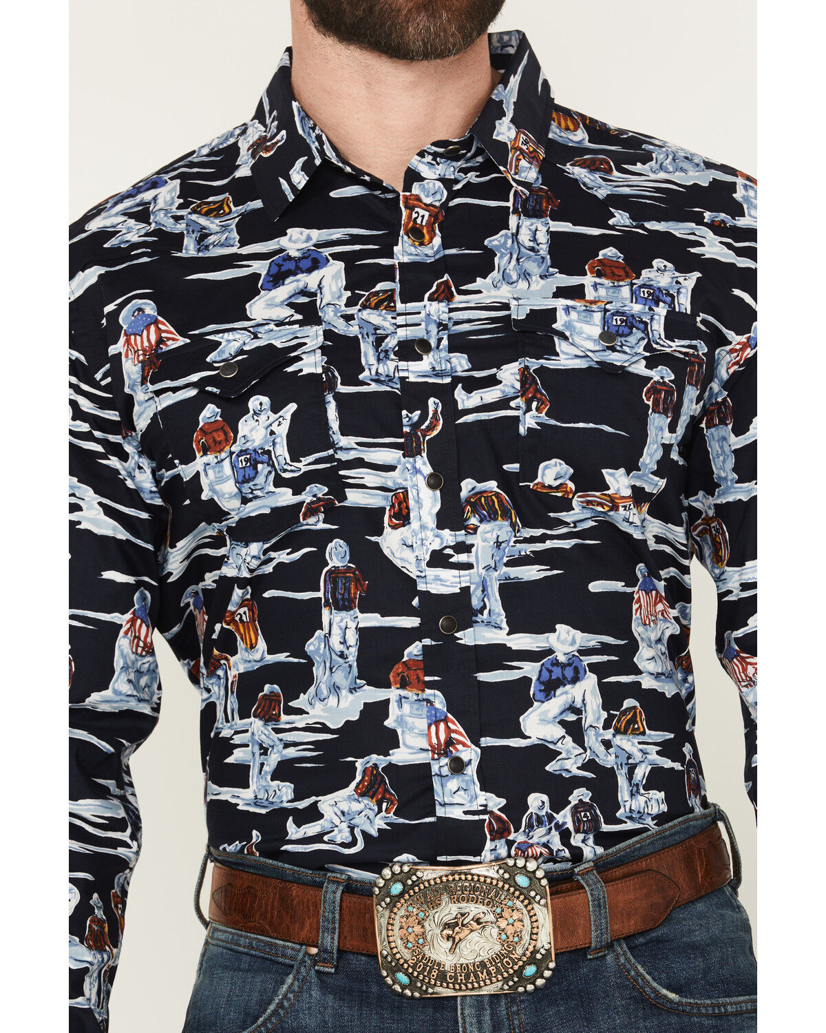 Image #3 - Panhandle Men's Vintage Patriotic Cowboy Long Sleeve Snap Western Shirt, Black, hi-res