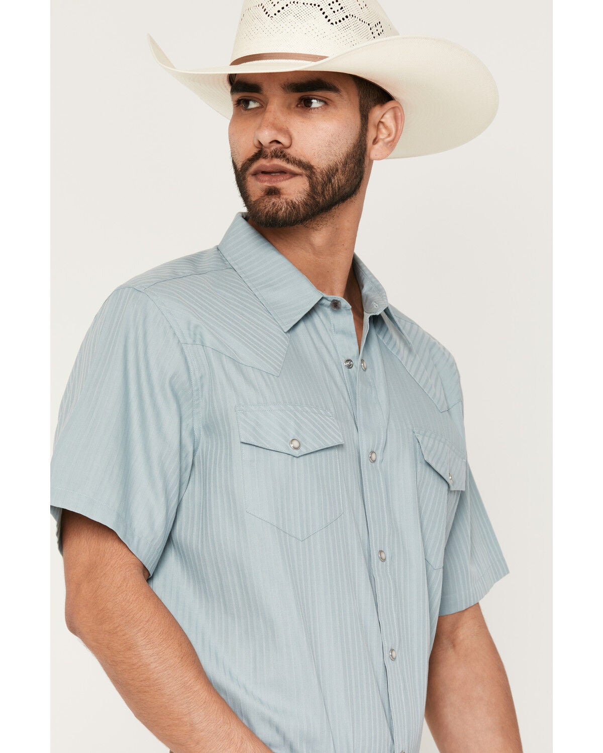 Image #2 - Gibson Trading Co Men's Basic Satin Striped Short Sleeve Snap Western Shirt, Light Blue, hi-res