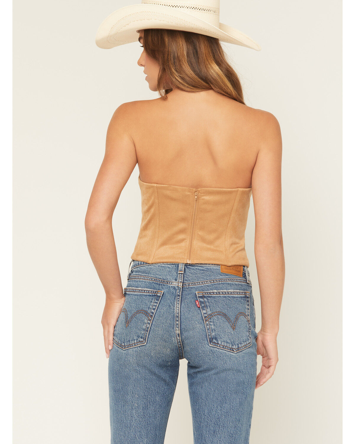 Image #4 - Originality Women's Faux Suede Boot Stitch Strapless Corset, Camel, hi-res