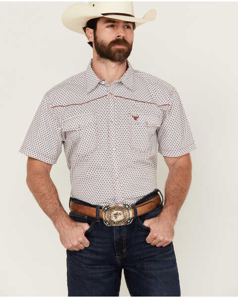 Cowboy Hardware Men's Fleur Printed Short Sleeve Pearl Snap Western Shirt, White, hi-res