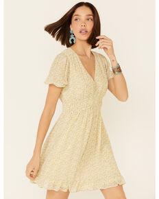 Very J Women's Lemon Speckle Print Smocked Waist Dress, Yellow, hi-res