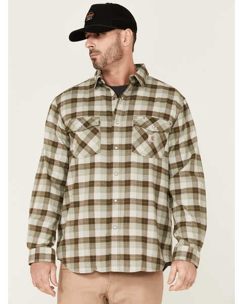 Carhartt Men's Plaid Print Rugged Flex Relaxed Fit Long Sleeve Snap Western Flannel Shirt , Green, hi-res
