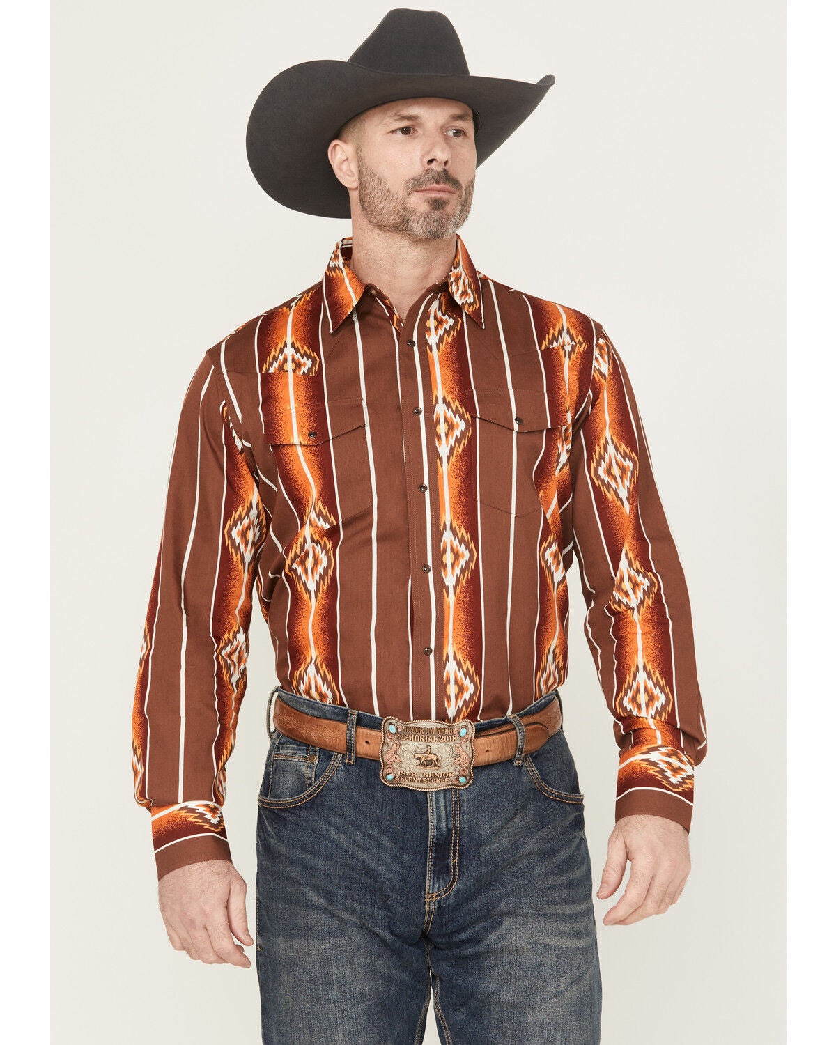Image #1 - Wrangler Men's Checotah Southwestern Print Long Sleeve Snap Western Shirt - Tall, Brown, hi-res