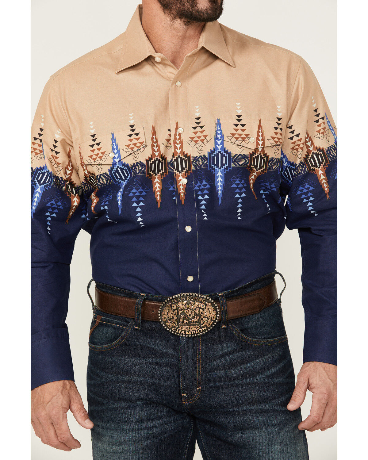 Image #3 - Panhandle Men's Southwestern Print Border Long Sleeve Snap Western Shirt, Navy, hi-res