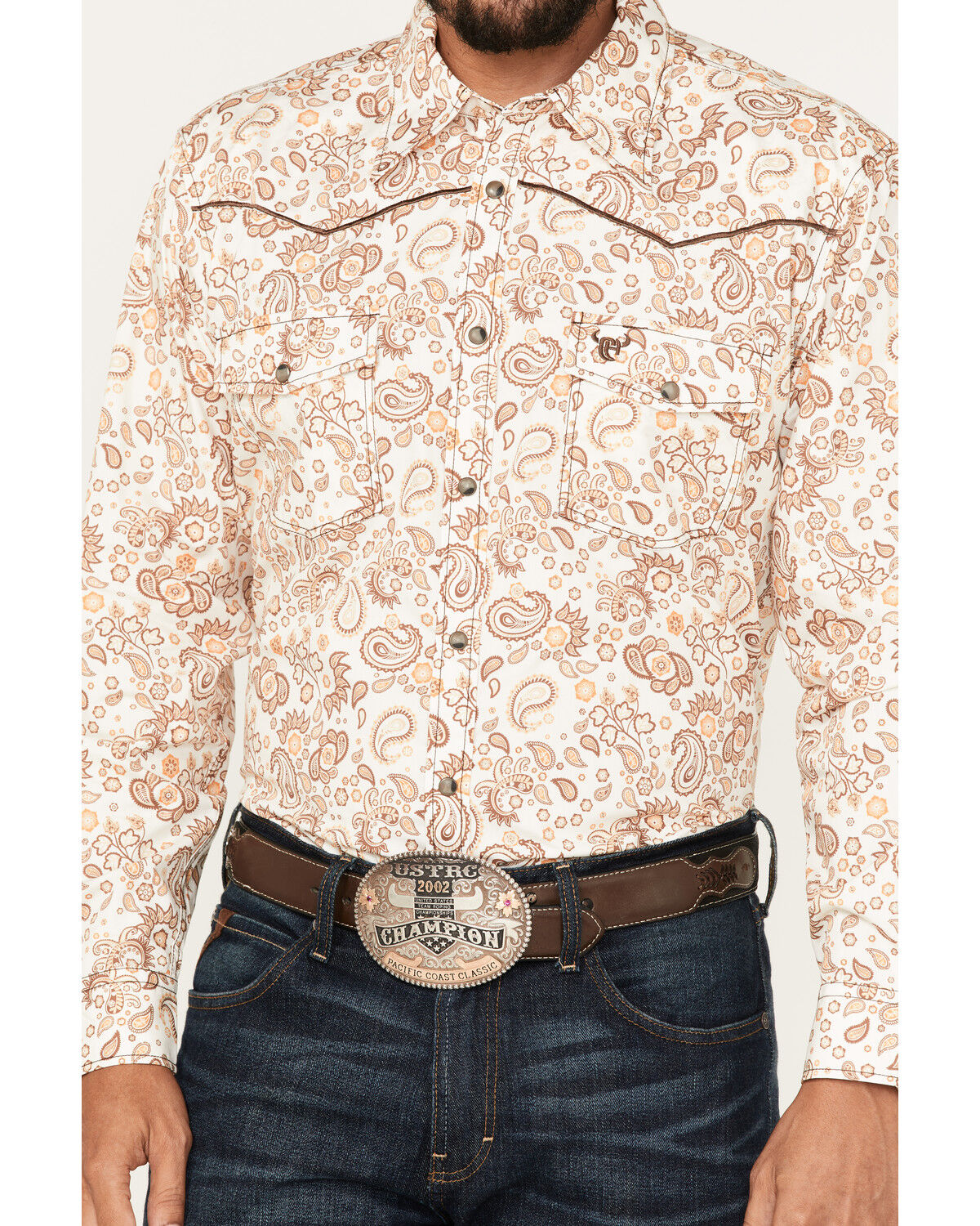 Image #3 - Cowboy Hardware Men's Paisley Print Long Sleeve Snap Western Shirt, Cream, hi-res