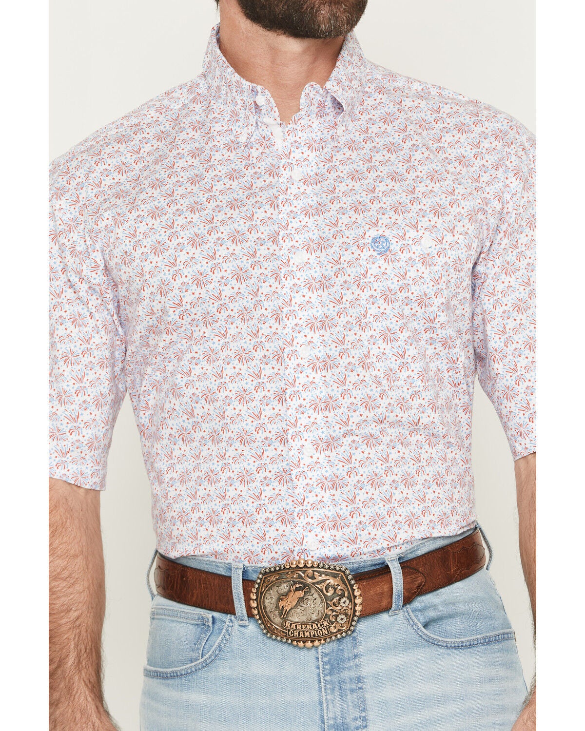 Image #3 - George Strait by Wrangler Men's Firework Print Short Sleeve Button-Down Stretch Western Shirt, Blue, hi-res