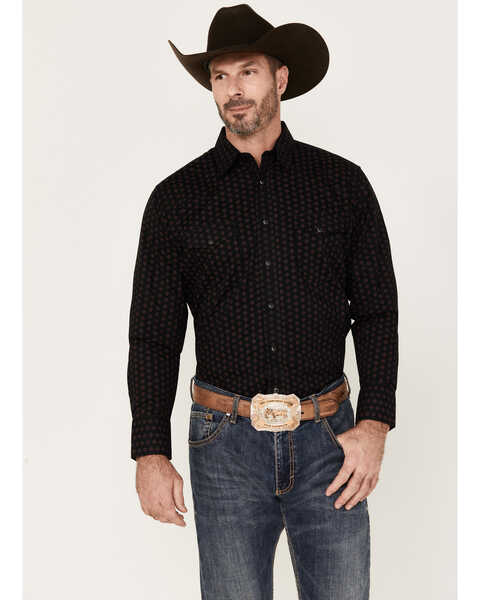 Wrangler Men's Silver Edition Geo Print Long Sleeve Snap Western Shirt, Black, hi-res