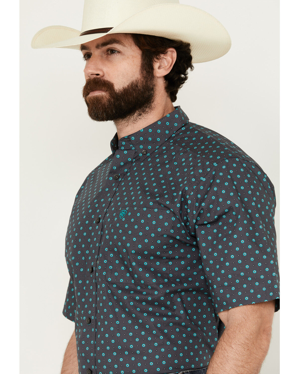 Image #3 - Ariat Men's Johnnie Geo Print Short Sleeve Button-Down Western Shirt, Navy, hi-res