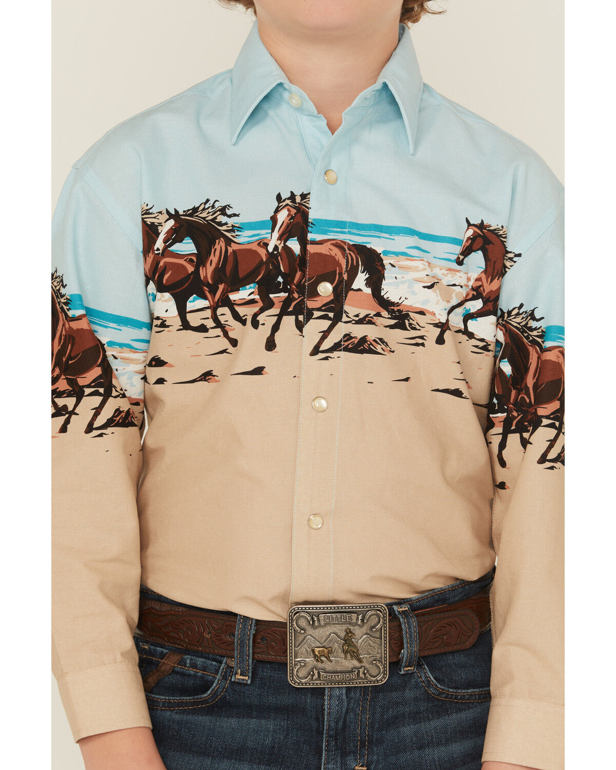 Image #3 - Panhandle Slim Boys' Horses And Beach Border Long Sleeve Snap Western Shirt, Tan, hi-res
