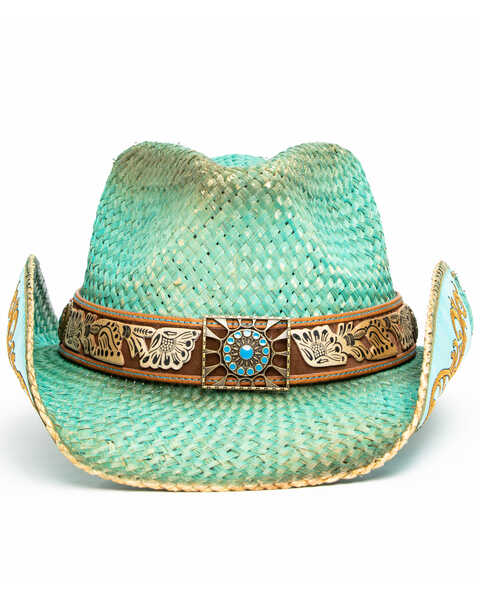 Image #4 - Shyanne Women's Cactus Flower Straw Cowboy Hat , Blue, hi-res