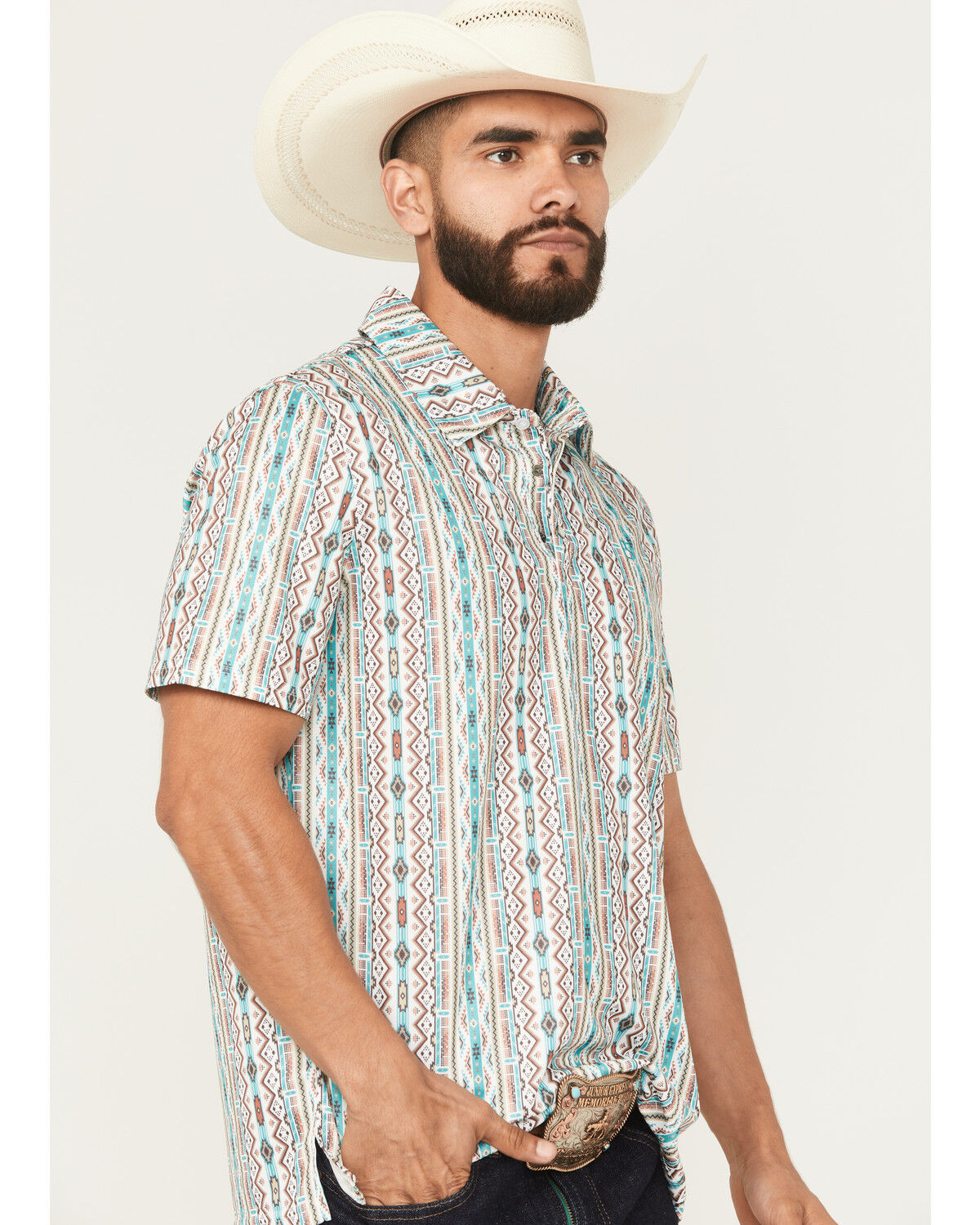 Image #2 - Panhandle Slim Men's Southwestern Striped Short Sleeve Pearl Snap Performance Polo, Multi, hi-res