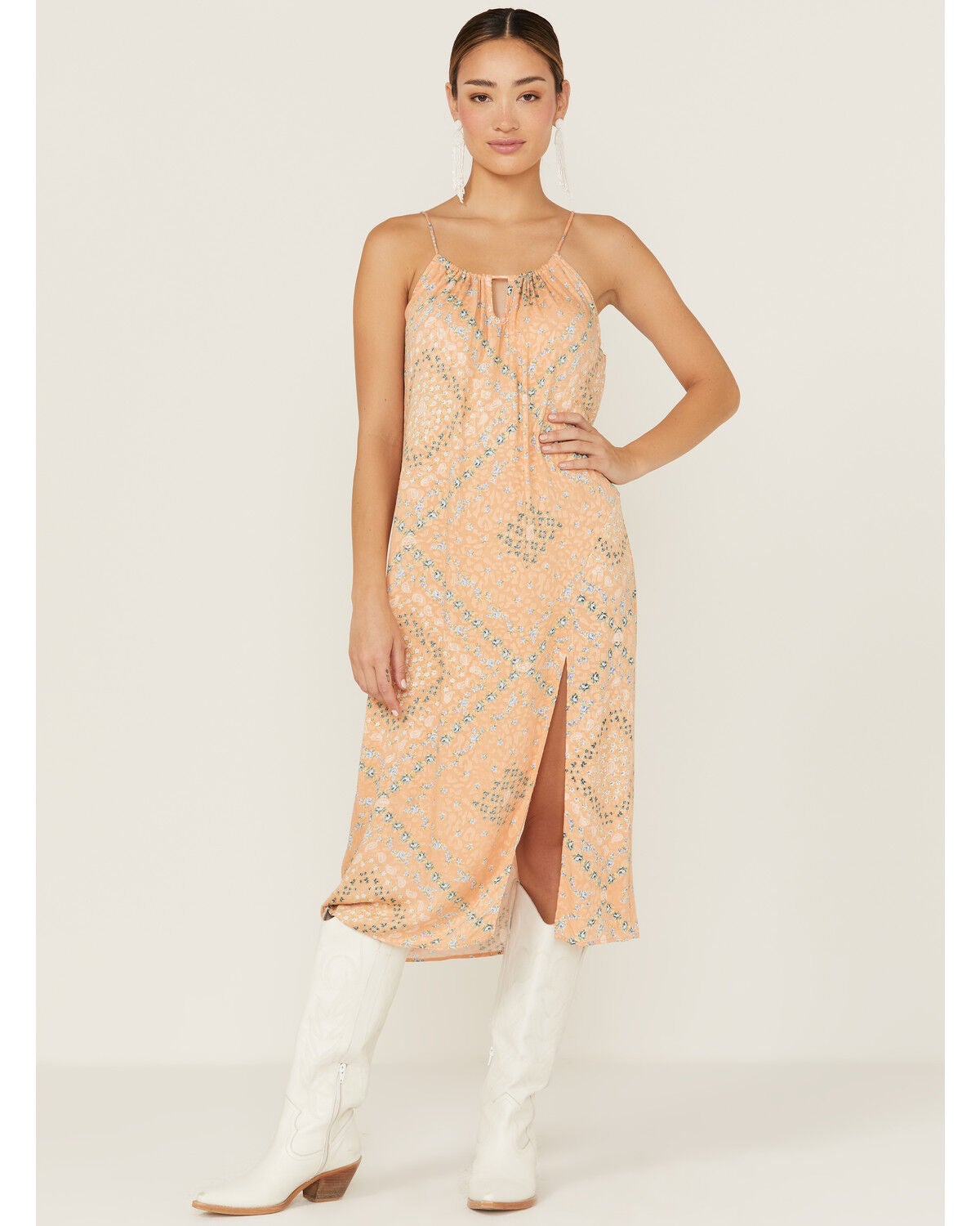 Wild Moss Women's Satin Printed Keyhole Slip Midi Dress, Orange, hi-res