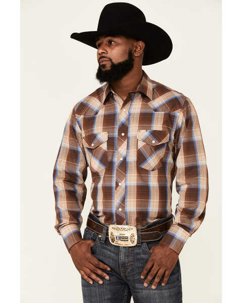 Roper Men's Brown Plaid Long Sleeve Snap Western Shirt , Brown, hi-res