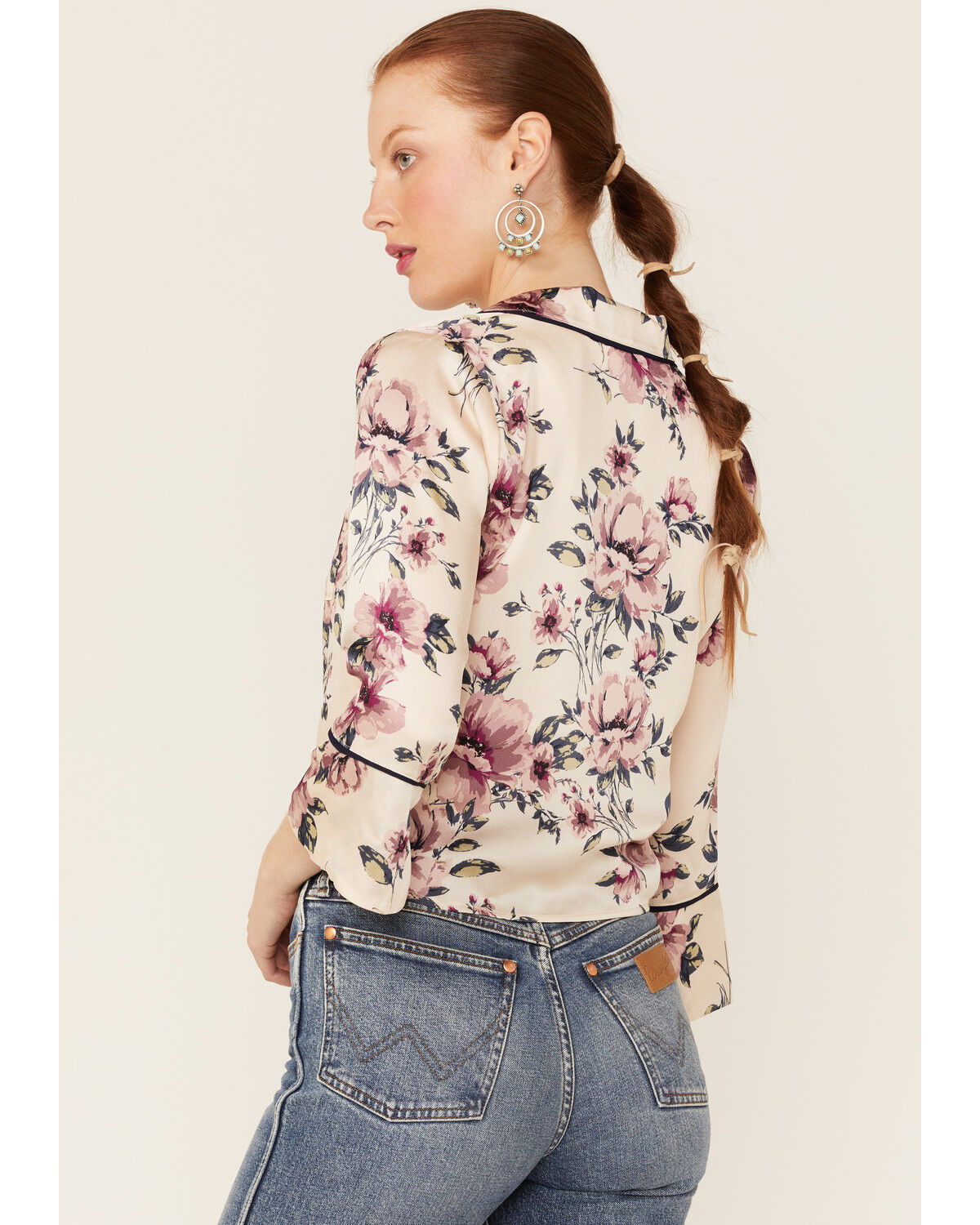 Image #3 - June & Hudson Women's Long Sleeve Satin Floral Tie Front Shirt, Cream, hi-res