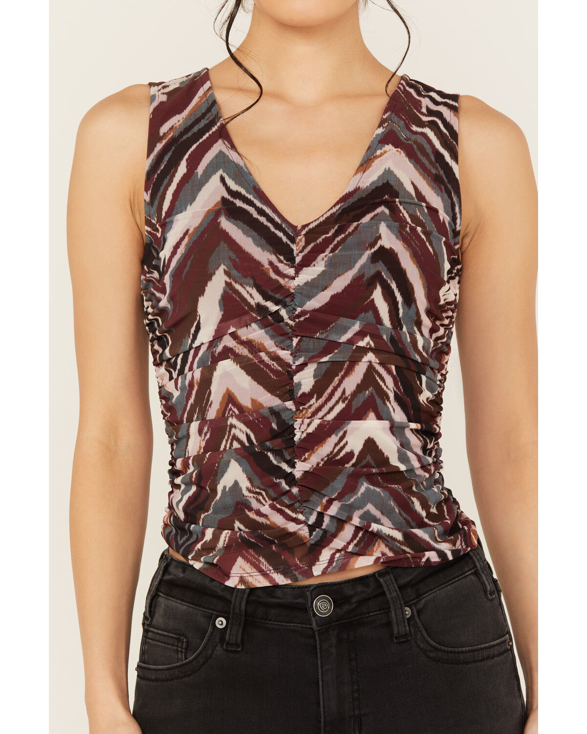 Image #3 - Shyanne Women's Printed Ruched Mesh Top, Maroon, hi-res