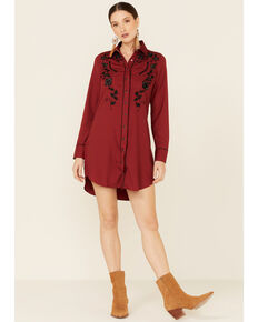 Roper Women's Red Long Sleeve Rose Embroidered Snap Shirt Dress, Red, hi-res
