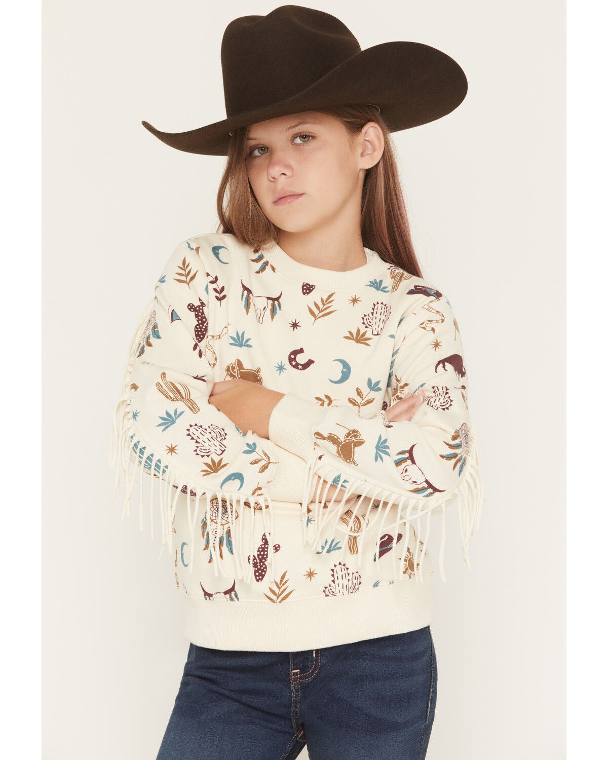 Shyanne Girls' Cassi Conversational Fringe Pullover Sweatshirt, Cream, hi-res
