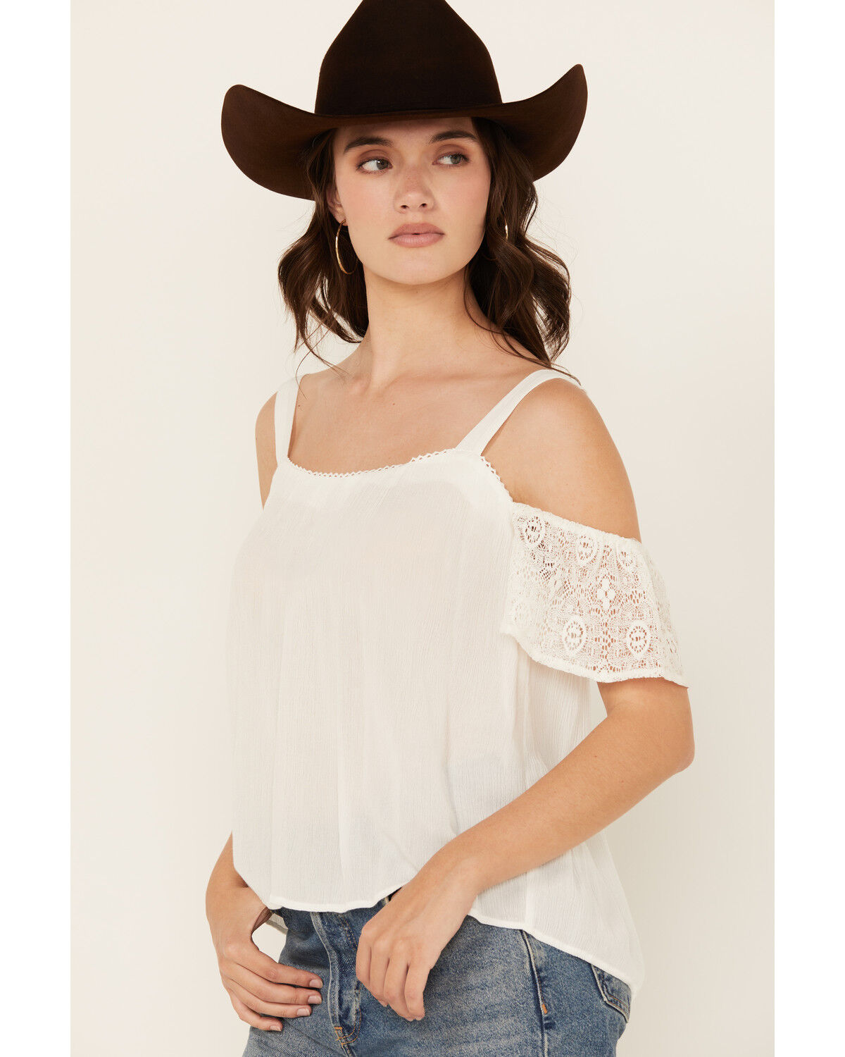 Image #2 - Jolt Women's Lace Cold Shoulder Tank, White, hi-res