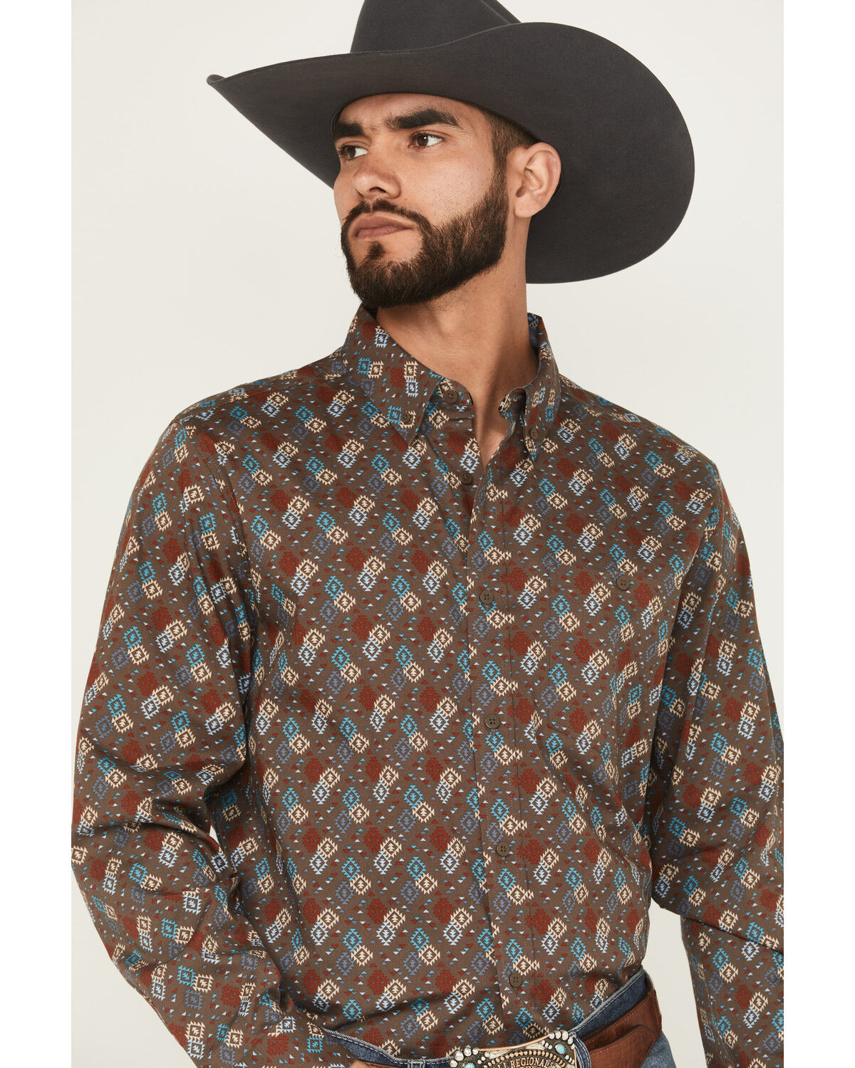 Image #2 - RANK 45® Men's Hudson Geo Southwestern Print Long Sleeve Button-Down Stretch Western Shirt, Brown, hi-res