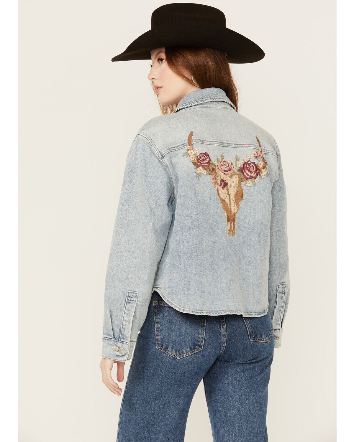 Image #1 - Driftwood Women's Light Wash Embroidered Steer Head Denim Shacket, Light Wash, hi-res